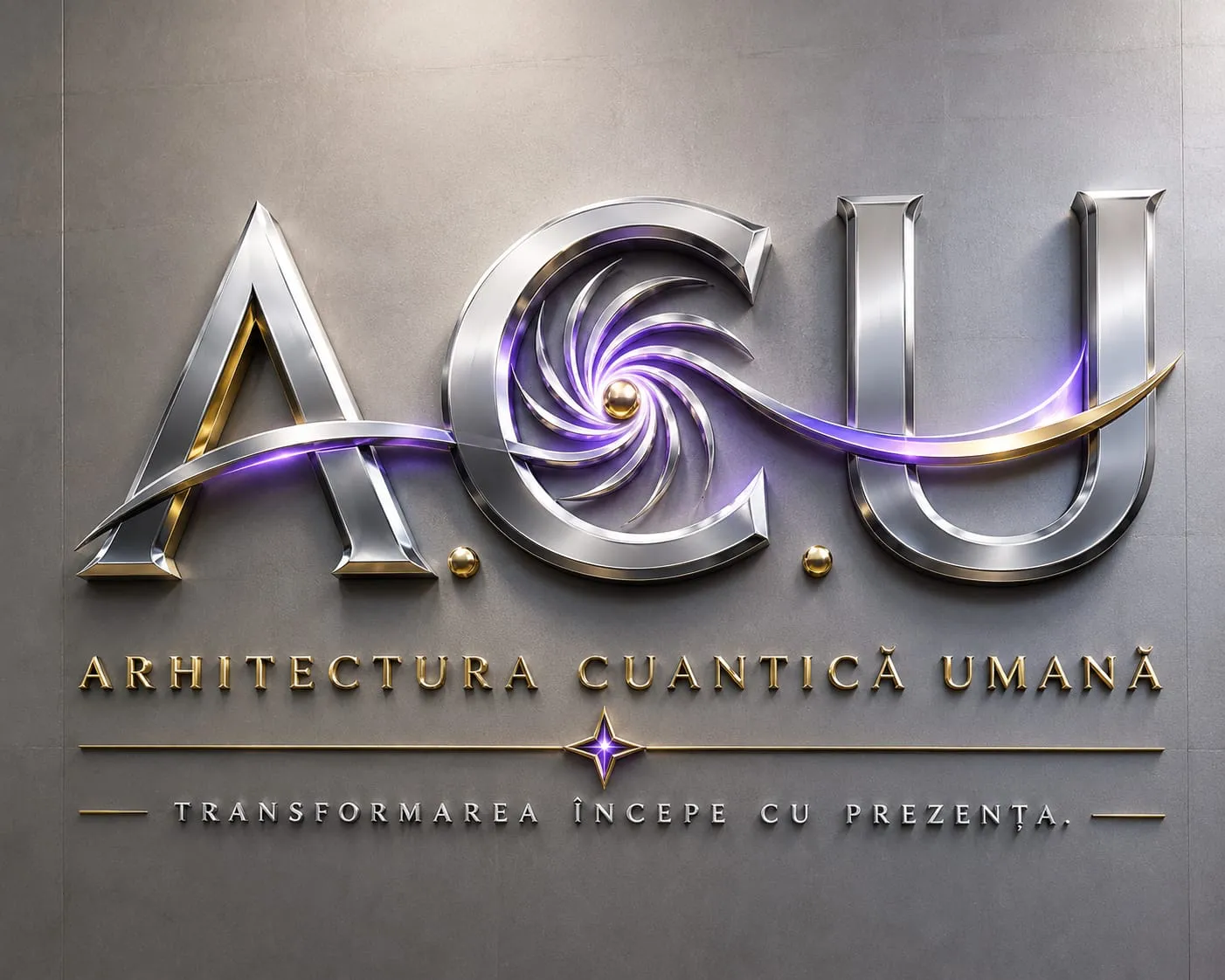 Sigla A.C.U. — Arhitectura Cuantică Umană, cu spirala cromată și violet și deviza „Transformarea începe cu prezența”
