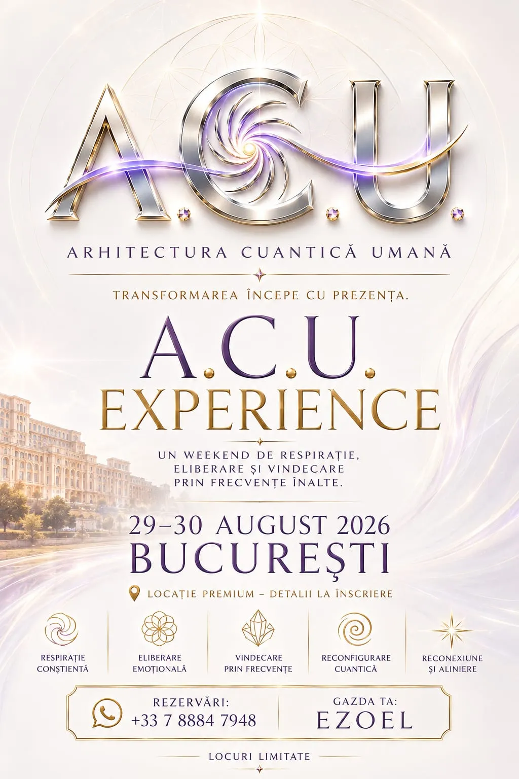 Afiș A.C.U. Experience București, 29–30 august 2026 — logo A.C.U. auriu-violet peste o imagine a Bucureștiului