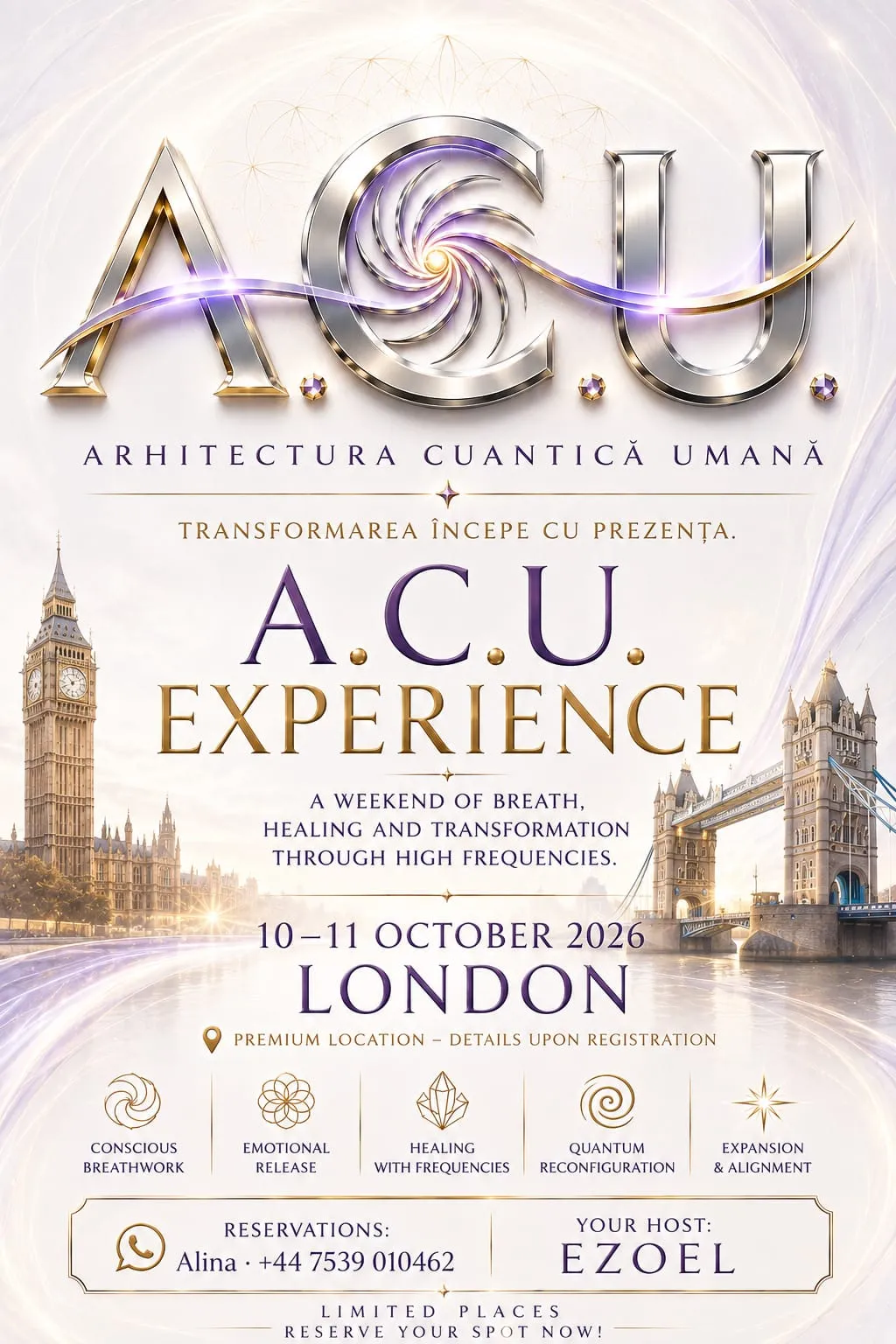 Afiș A.C.U. Experience Londra, 10–11 octombrie 2026 — logo A.C.U. auriu-violet peste o imagine a Londrei